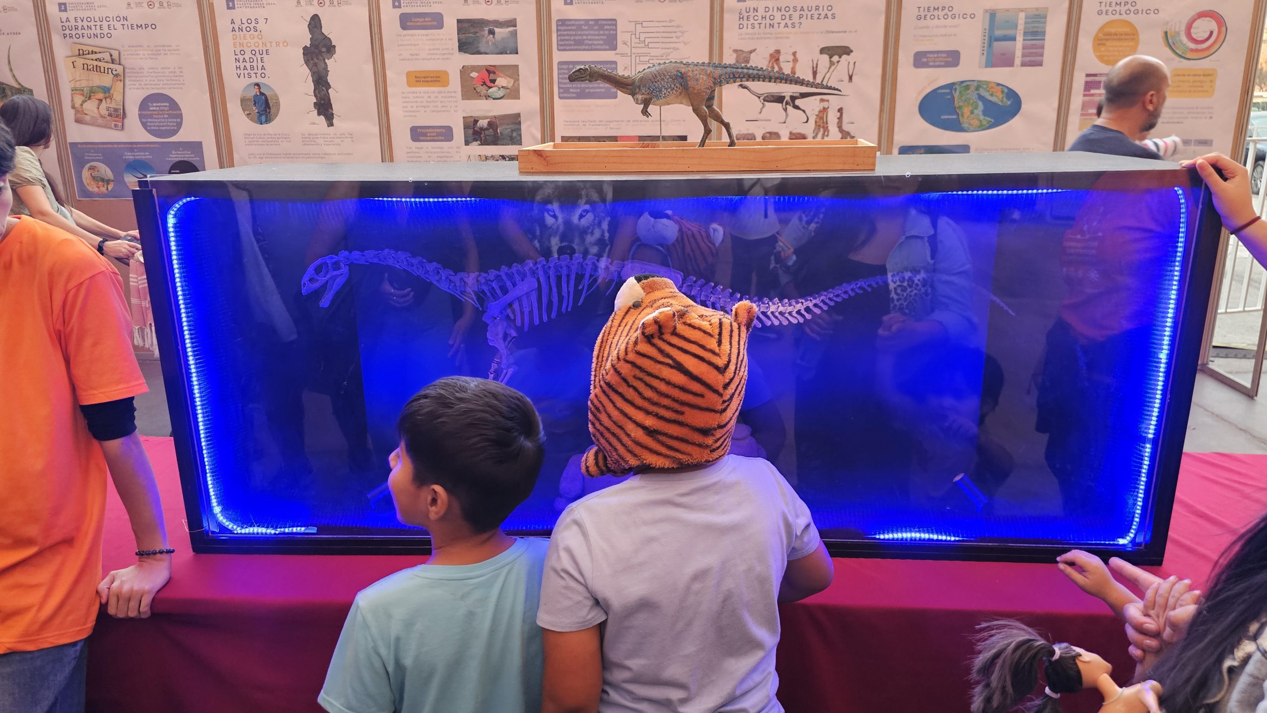 Children observe a blue-lit glass display case containing a dinosaur fossil skeleton on top in a museum exhibit.