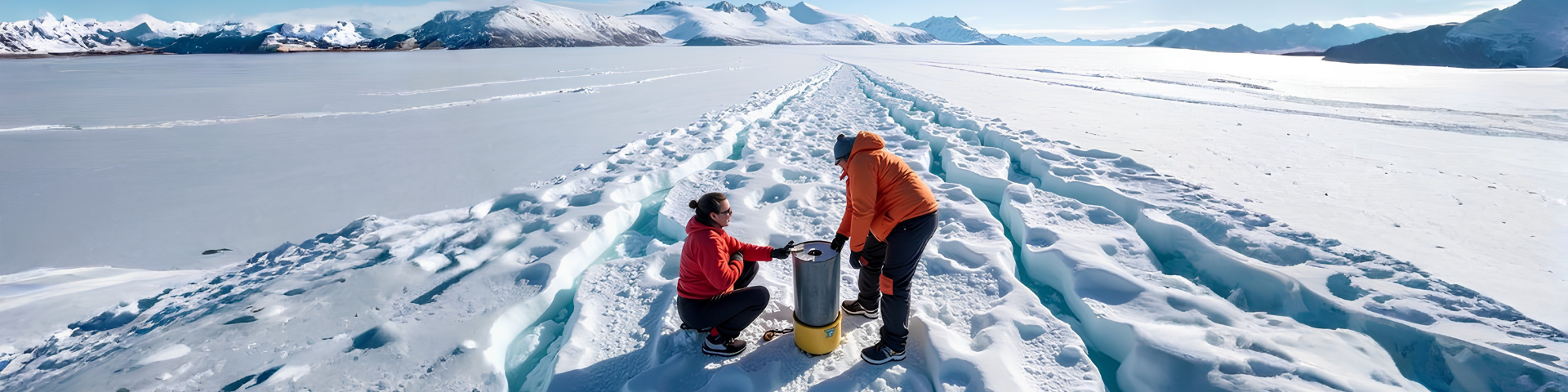 Two hikers in red and orange jackets stand on a snowy glacier, tending a metal container beside a long crevasse line with distant mountains under a blue sky.